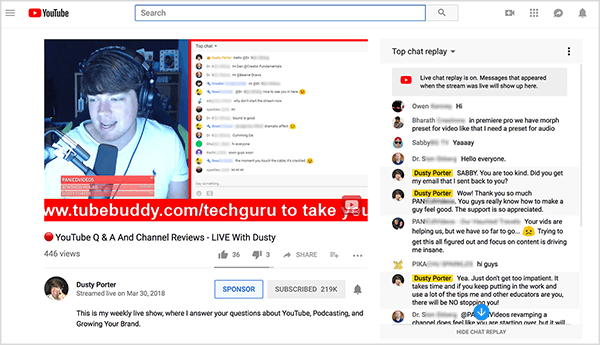 Dusty Porter begins a live stream by asking a question viewers can answer in the comments. In this example, Dusty appears on the left side of the live stream talking into the microphone in his studio. The right side of the live stream are top chat comments. The YouTube interface also displays real-time comments when you replay the live stream.