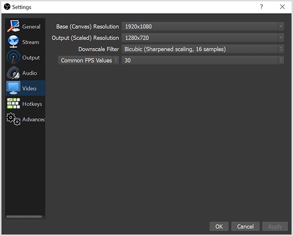 The OBS Studio Settings dialog box has options on the Video tab for setting your base resolution and you our output resolution. The box also has options for a downscale filter and FPS, or frames per second.