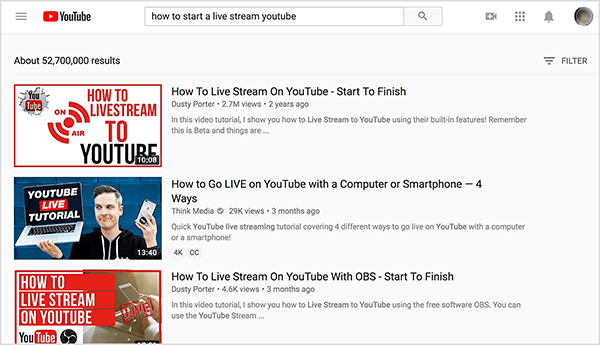 Search YouTube for “how to start a live stream youtube” and the top search results show two videos by Dusty Porter.