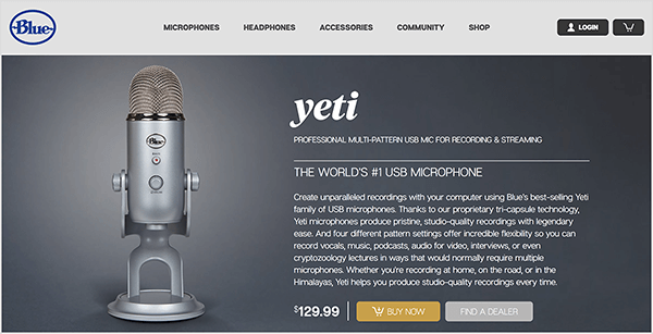 Dusty Porter recommends upgrading to a USB microphone like the Blue Yeti. On the Blue sales page for the Yeti microphone, an image of a chrome mic on a stand appears against a dark gray background. The price is listed as $129.00.