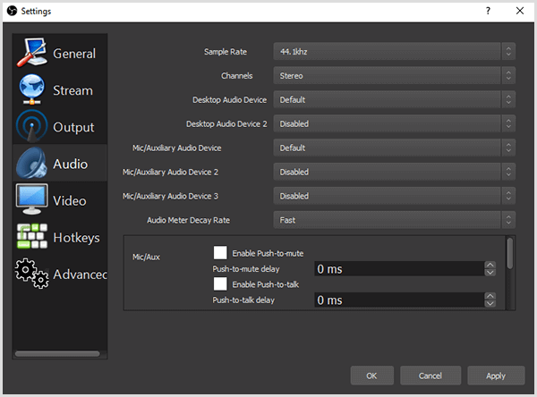 The OBS Studio Settings dialog box has options on the Audio tab for setting your audio source. You want to make sure your audio source is your chosen microphone and not your built-in computer or camera mic.