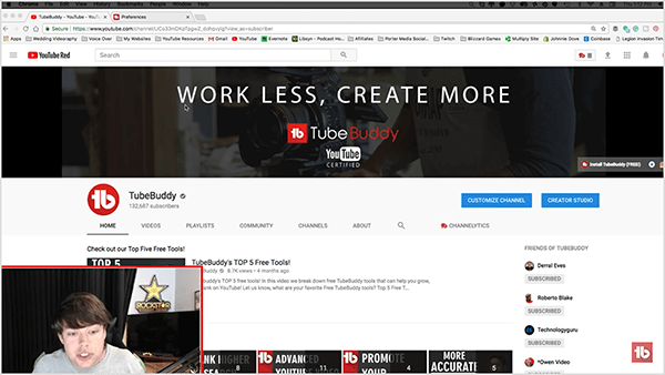 Dusty Porter transitions to a screencast that shows him in the lower left corner and a larger image of his computer screen, which shows the TubeBuddy YouTube channel page.