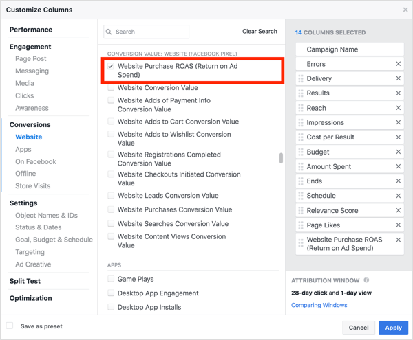 Select Website Purchase ROAS Return on Ad Spend) in Customize Columns dialog box.