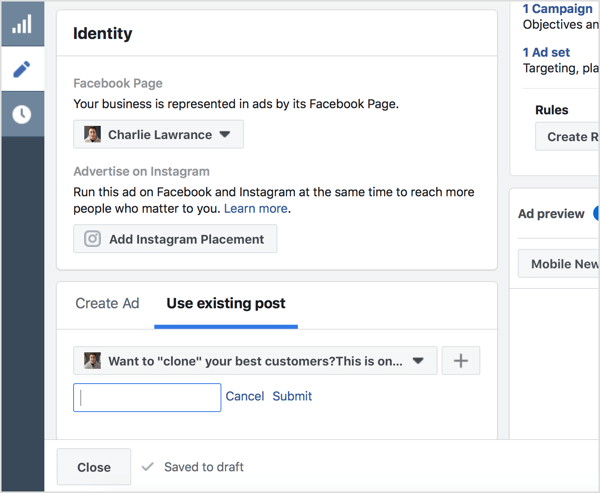 Wählen Sie Vorhandenen Beitrag verwenden und geben Sie die Facebook-Beitrags-ID ein.