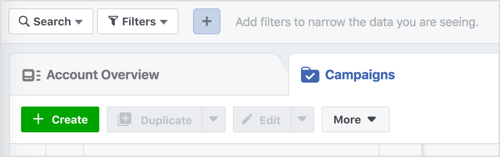 Click the Create button to start a new Facebook campaign.