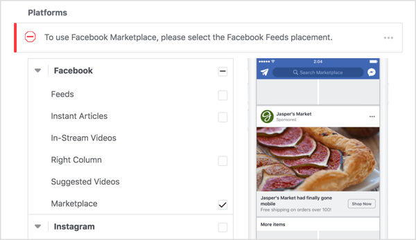 You see an error if you only select Marketplace as a placement option.