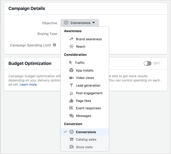 Choose your new Facebook ad objective from the Objective drop-down list.