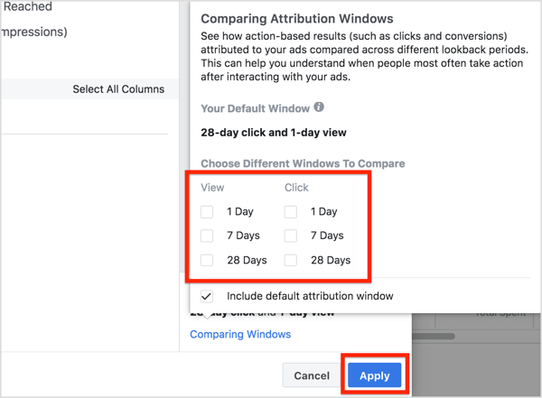 In the Comparing Attribution Windows box that pops up, select the attribution windows you want to analyze.