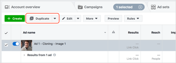 Select your Facebook ad and click Duplicate.