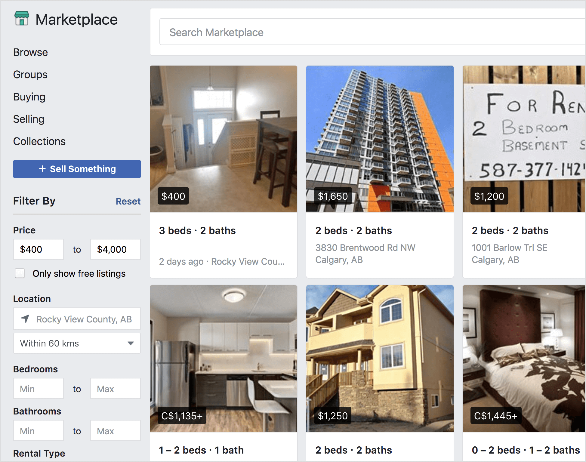 Facebook Marketplace offers rental properties for sale.