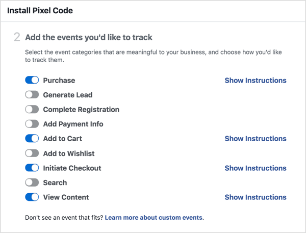 Choose the events you'd like to track with the Facebook pixel.