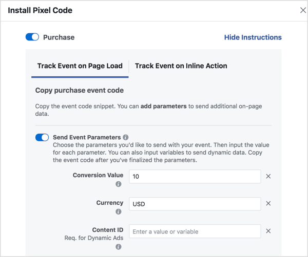 Set parameters to generate the Facebook event code you need.