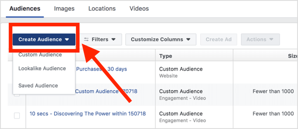 In your Audiences dashboard, click Create Audience and select Custom Audience from the drop-down menu.