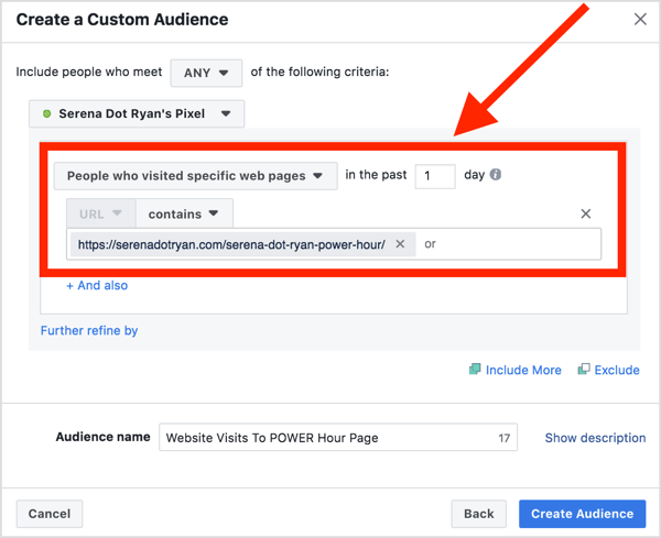 Select your Facebook pixel and choose People Who Visited Specific Web Pages and enter the URL of the web page this audience has visited.