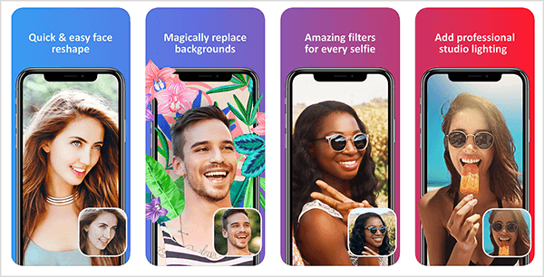 Facetune 2 is an easy way to touch up your selfies. The iTunes App Store preview shows how the app adjusts a face, replaces a background, filters color, and fixes lighting issues.