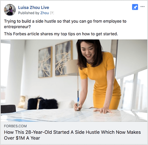 Andrew Hubbard runs ads that showcase the webinar host in online articles and podcasts to build their authority before the audience watches the webinar. In this example, Luisa Zhou Live runs an ad profiling Zhou in Forbes. The article presents her tips on becoming an entrepreneur.