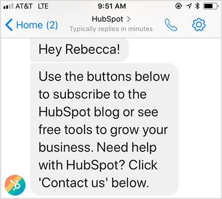 HubSpot's chatbot welcome message lets you contact a human.