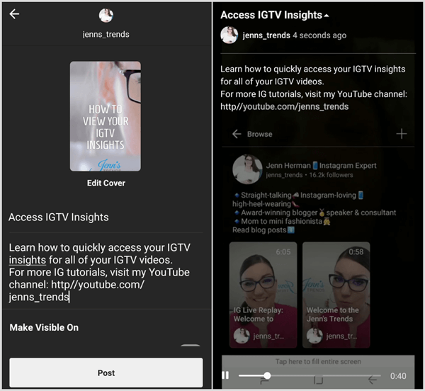 Add a URL in any part of the IGTV video description to make it a clickable link.