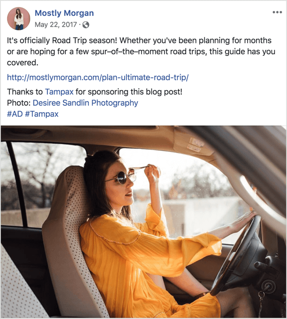 example of influencer blog post link shared on Facebook