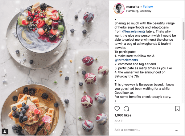 Example of Instagram influencer marketing campaign post with a giveaway