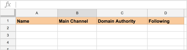 Open up a new Google sheet and add these columns to track potential social media influencers.