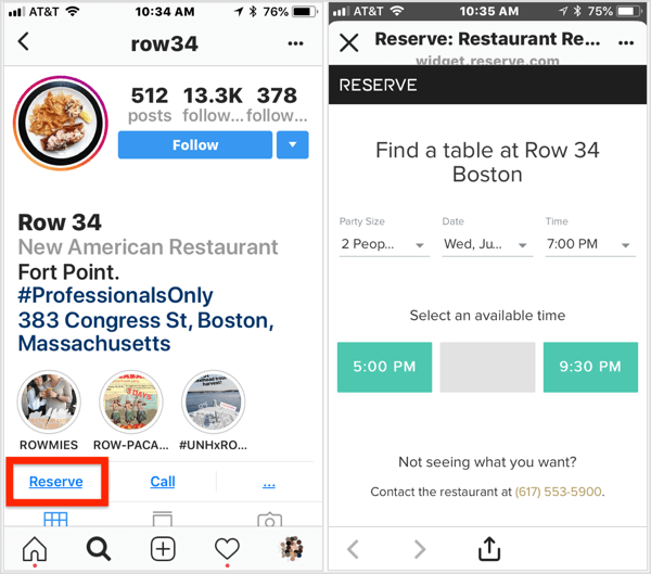 Click the Reserve action button on this restaurant's Instagram business profile to make a reservation. 