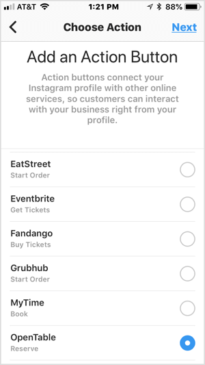 Choose an action button to add it to your Instagram business profile.