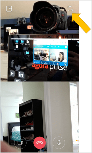 Tippen Sie oben rechts auf dem Bildschirm auf das Doppelpfeilsymbol, um während des Instagram-Live-Video-Chats jederzeit zur nach hinten gerichteten Kamera zu wechseln.