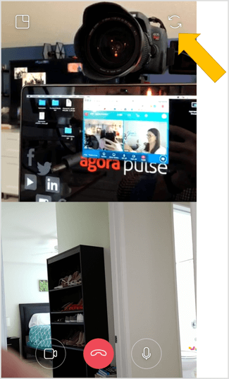 Tap the double arrow icon in the top right of your screen to switch to the rear-facing camera at any time during the Instagram live video chat.