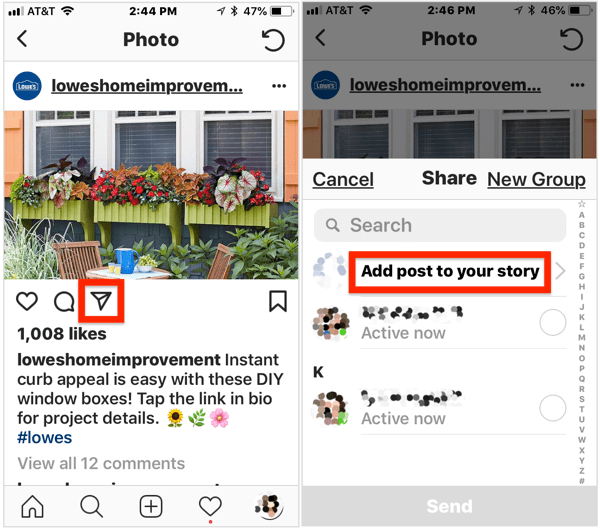 To add a public post to your Instagram story, open the post, tap the airplane icon below the image, and then select Add Post to Your Story from the pop-up menu.