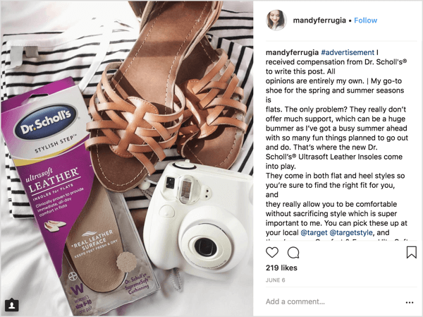 Mandy Ferrugia, a beauty and lifestyle Instagram influencer, helped promote Dr. Scholl's insoles for flats in this sponsored post.