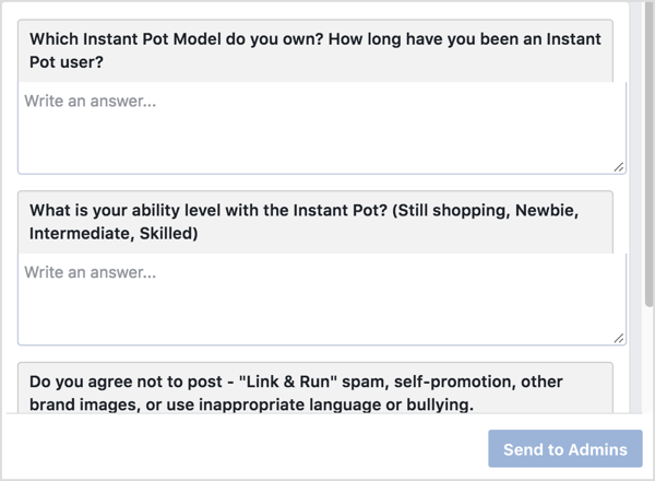 To join the Instant Pot Community group, potential members have to answer a few questions to confirm they're product users.