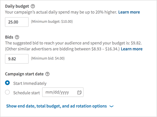 Chọn ngân sách hàng ngày, nhập giá thầu và chọn ngày bắt đầu cho chiến dịch của bạn.