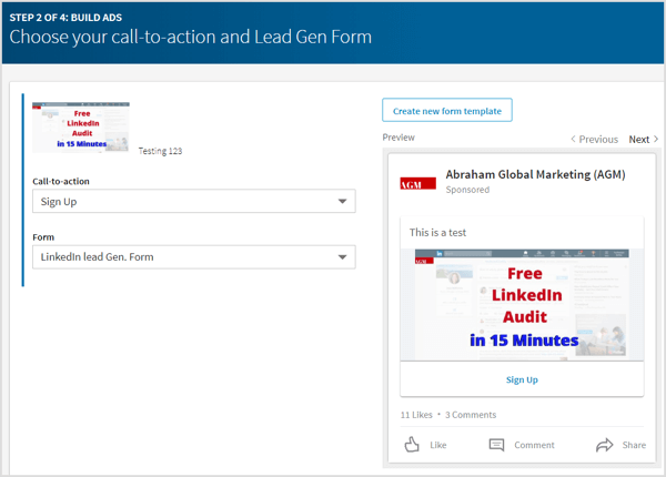 Choose a lead form or click Create New Form Template to create a new one.