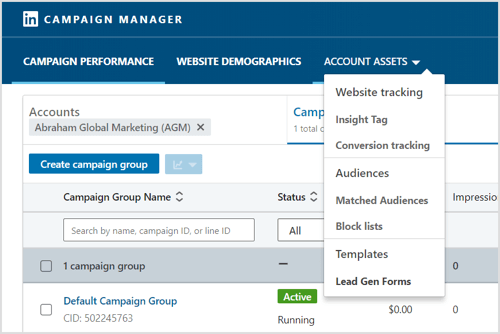 To export your leads as a CSV file, click Account Assets and select Lead Gen Forms.