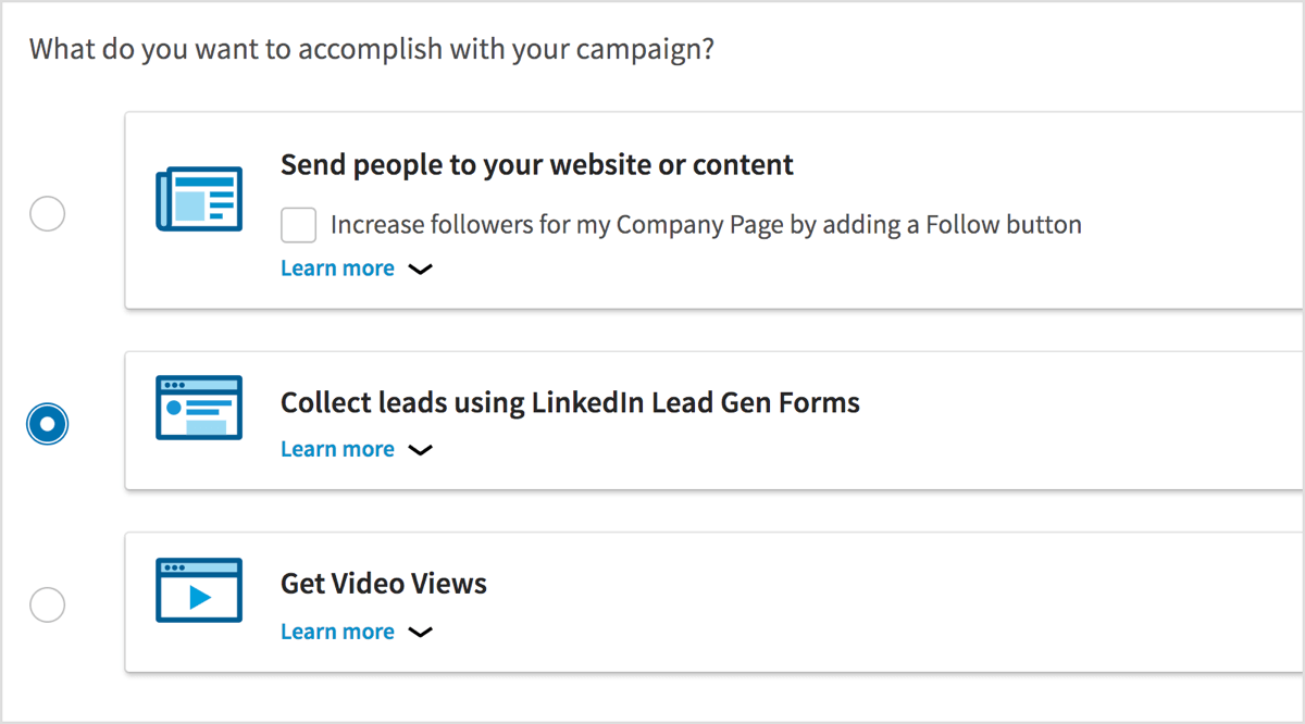 Select Collect Leads Using LinkedIn Lead Gen Forms as your campaign objective.