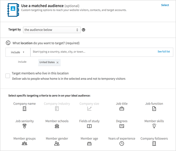 Choose the target audience for your LinkedIn ad.