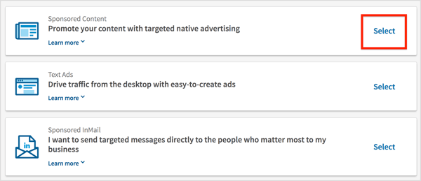 Select Sponsored Content on the Choose an Ad Product page.
