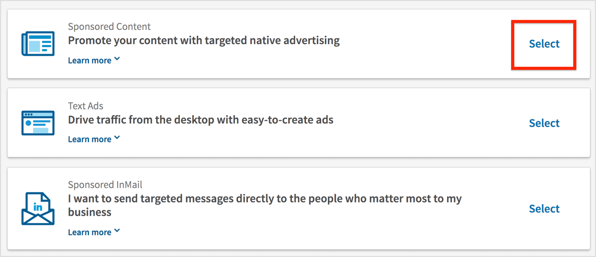 Select Sponsored Content on the Choose an Ad Product page.
