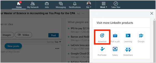 Trên trang chủ LinkedIn của bạn, nhấp vào Làm việc và chọn Quảng cáo.