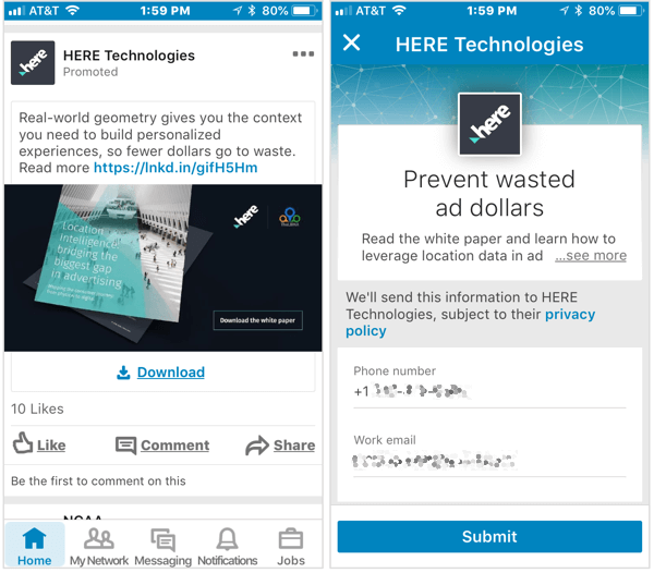 Example of a LinkedIn ad with a lead form