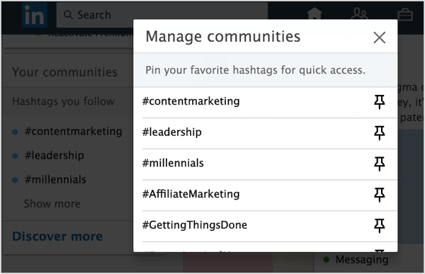 Klicken Sie auf das Pin-Symbol neben den LinkedIn-Hashtags, die Sie Ihrer Liste zum Pin hinzufügen möchten.