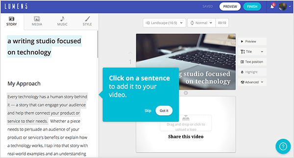 Lumen5 interface shows your article on the left and slide-editing features based on your article on the right. In addition to the Story tab on the left, which shows your source article text, you can also select the Media, Music, and Style tabs. A Preview button at the top of the interface lets you preview your slides as a video.