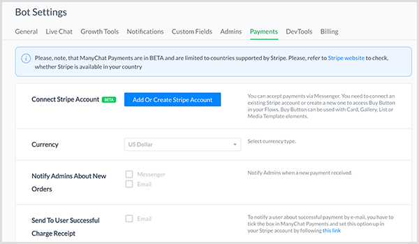 Molly Pittman says ManyChat bot settings allow you to connect a Stripe account.