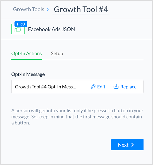 Molly Pittman says the ManyChat Facebook Ads JSON Growth Tool lets you connect a Facebook ad to your chatbot.