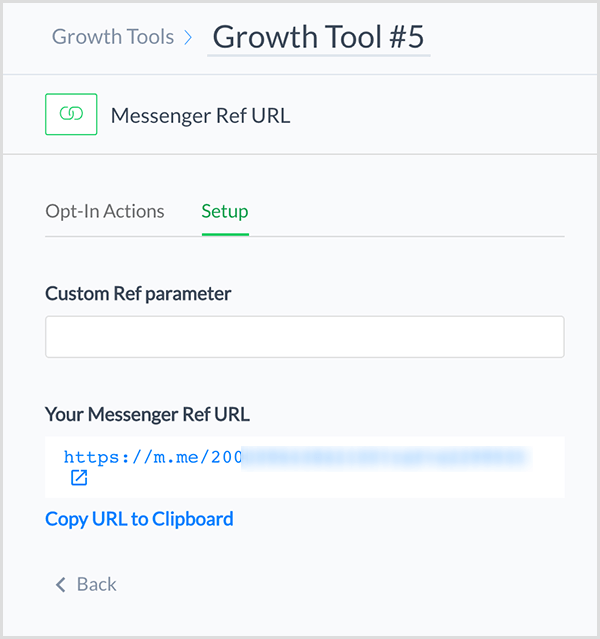 Molly Pittman says the ManyChat Messenger Ref URL Growth Tool gives you a link that directs someone to your Messenger chatbot.