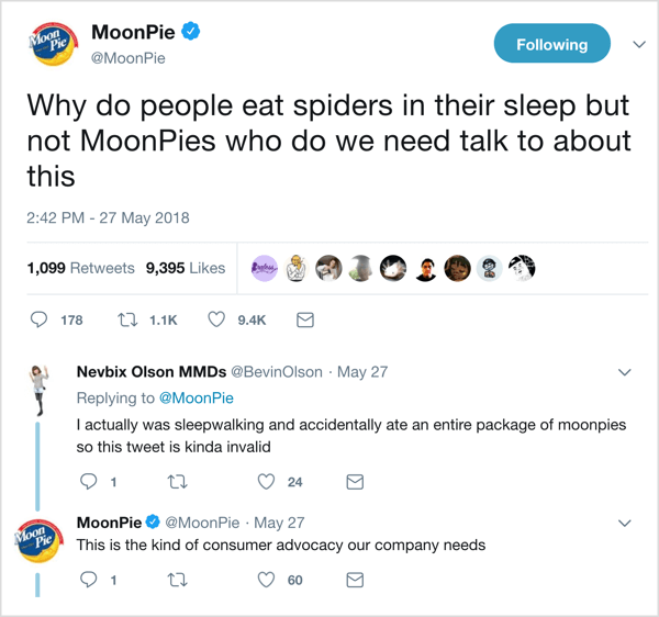  MoonPie has developed a quirky voice on Twitter and gets into witty conversations with followers.