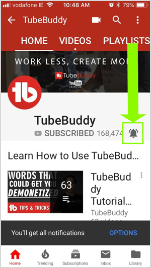 YouTube’s notification icon looks like a bell and appears on the far right of a row of icons that include a magnifying glass, a video camera, a grid, and an arrow in a speech bubble. When you subscribe to a channel, the notification icon turns from gray to red and lets you know when the channel posts a new video.