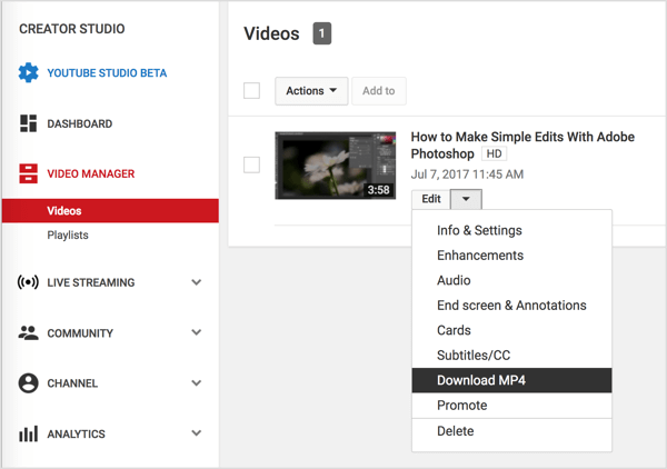 Navigate to your video in Video Manager, click the Edit button next to your YouTube video, and select Download MP4.