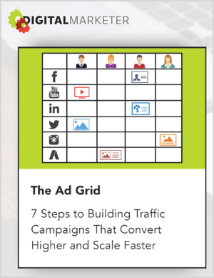 Ralph Burns says the Tier 11 agency uses the Ad Grid method. The Ad Grid web page from Digital Marketer shows an illustration of the grid with the text “7 Steps to Building Traffic Campaigns That Convert Higher and Scale Faster.” To the right of the illustration is the heading “Introducing the Ad Grid” and the text “A Strategic 7-Step Process You Can Use To Create Ad Campaigns With True Market-to-Message Match . . . So They Convert Better, Scale Faster, & Produce more Sales.” Below this text are two buttons. One says “Learn More” and has a yellow outline. The other button says ADD TO CART - JUST $7 and has a solid yellow background.